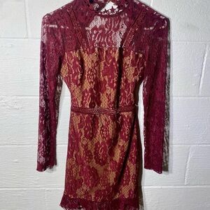 PrettyLittleThing Burgundy Lace Long Sleeve feminine, romantic, whimsy Goth NWT